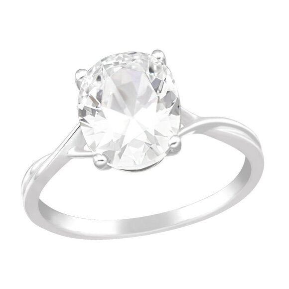 Sterling Silver Solitaire Oval Diamond Ring - Picture 1 of 10
